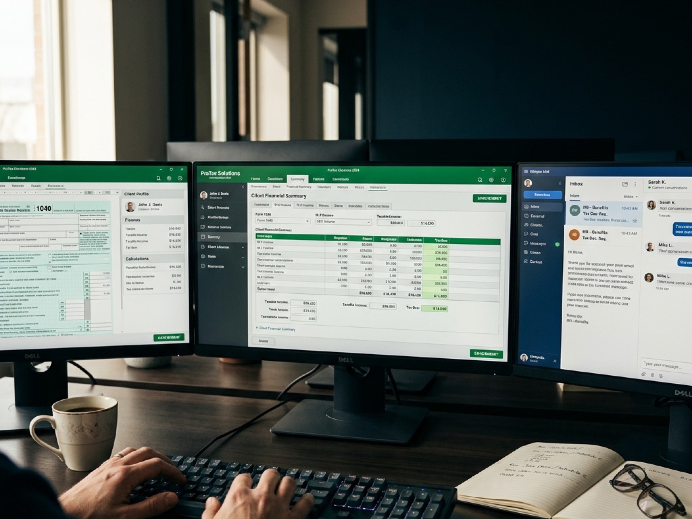 Three-monitor desk: tax software open across two screens, local Outlook on the third