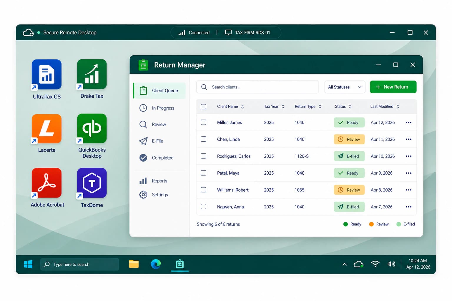 Virtual Windows desktop with UltraTax CS, Drake Tax, Lacerte, QuickBooks Desktop, Adobe Acrobat, and TaxDome shortcuts beside a return-management queue.
