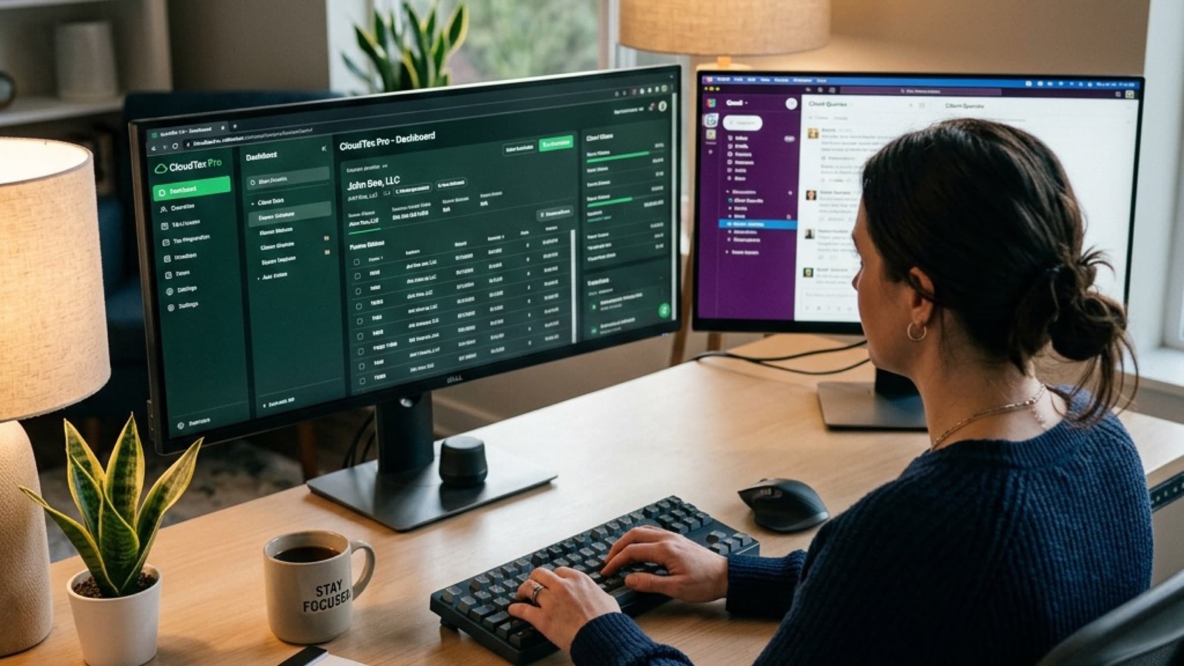 CPA working across multiple monitors at a home office desk