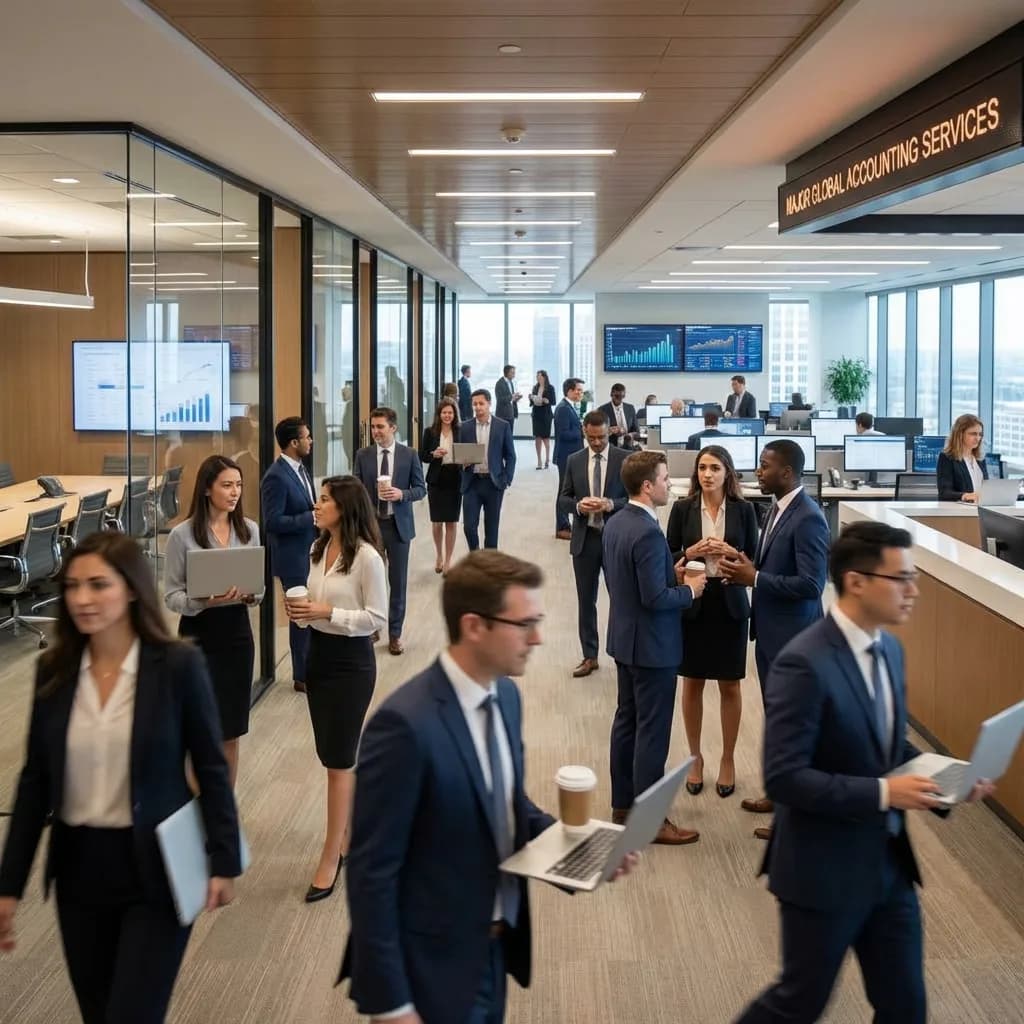 Large firm workforce collaborating