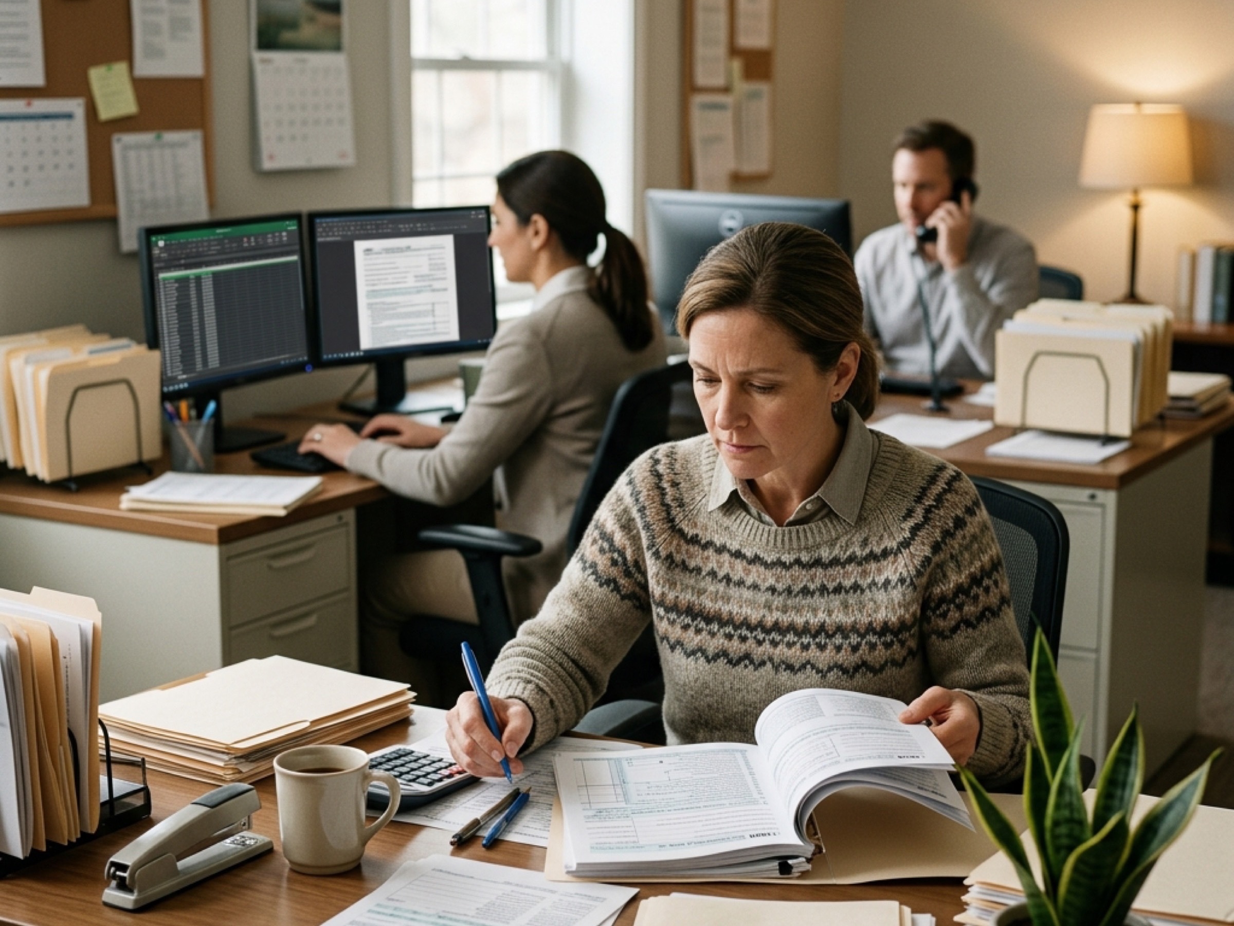 Wider view of a small accounting firm bullpen: two workstations at shallow depth of field, warm corner lamp, bookshelves in the background