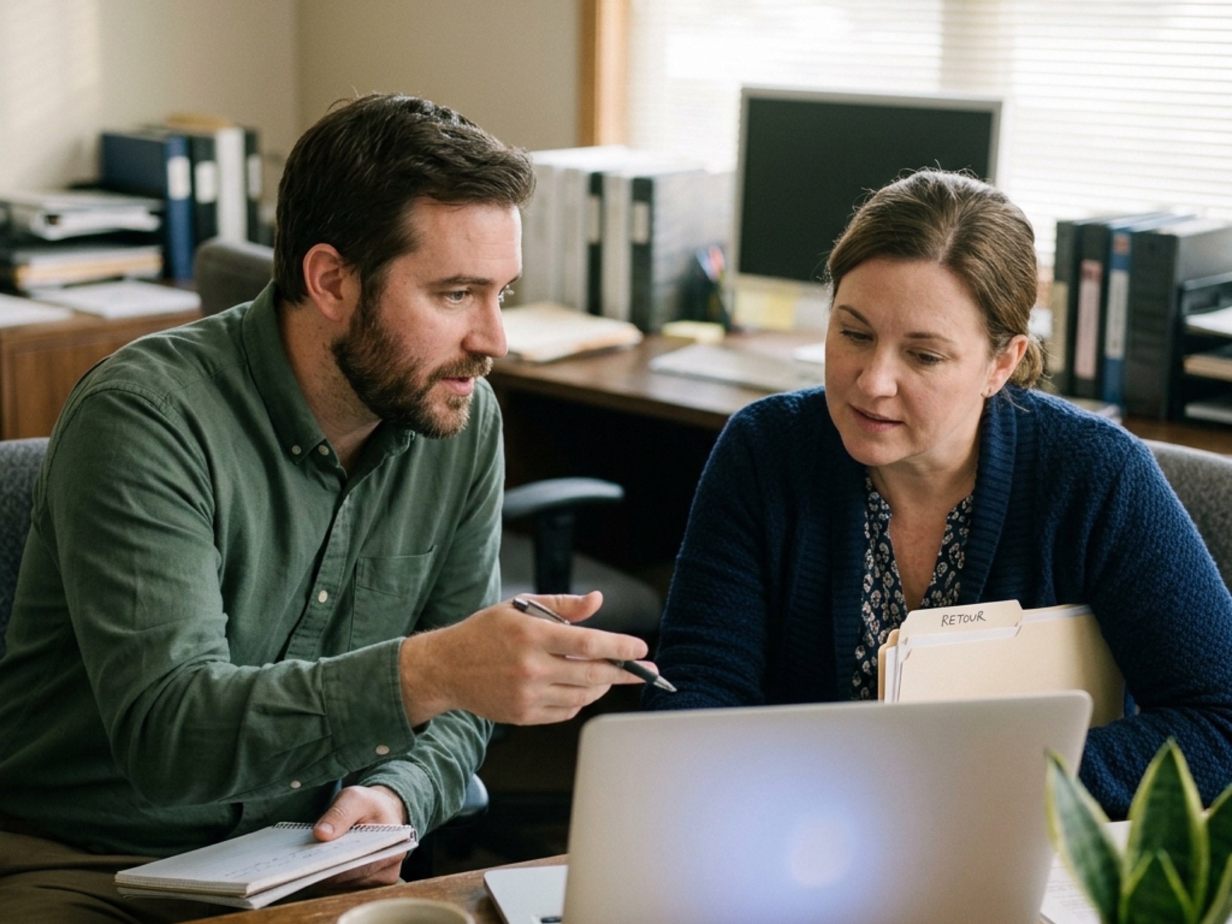 Small accounting firm office at early morning: two dark monitors, a leather blotter, a folder of printed returns, one green server status LED glowing under the desk