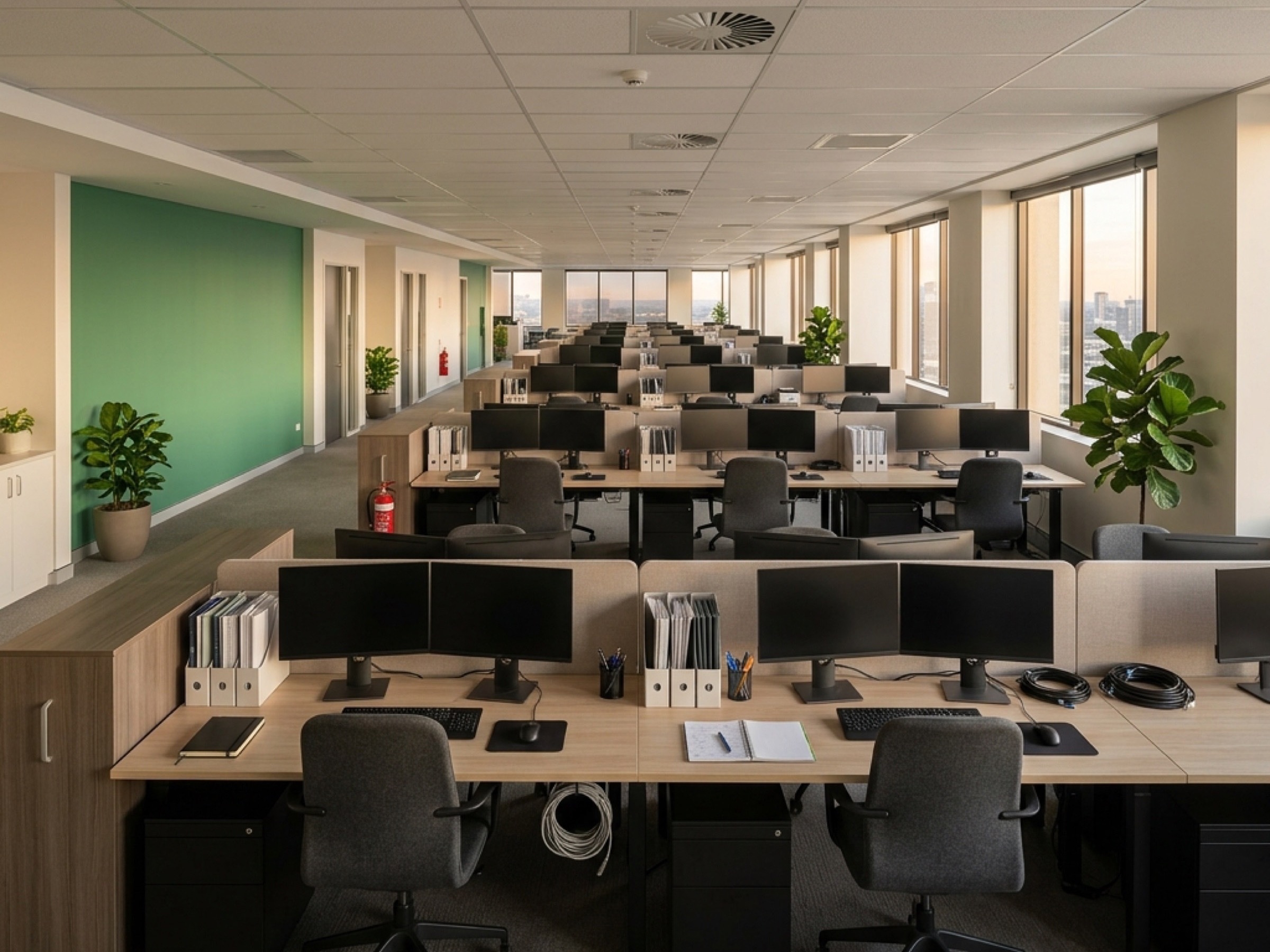 Wider view of an organized accounting firm office with quiet workstations in afternoon light