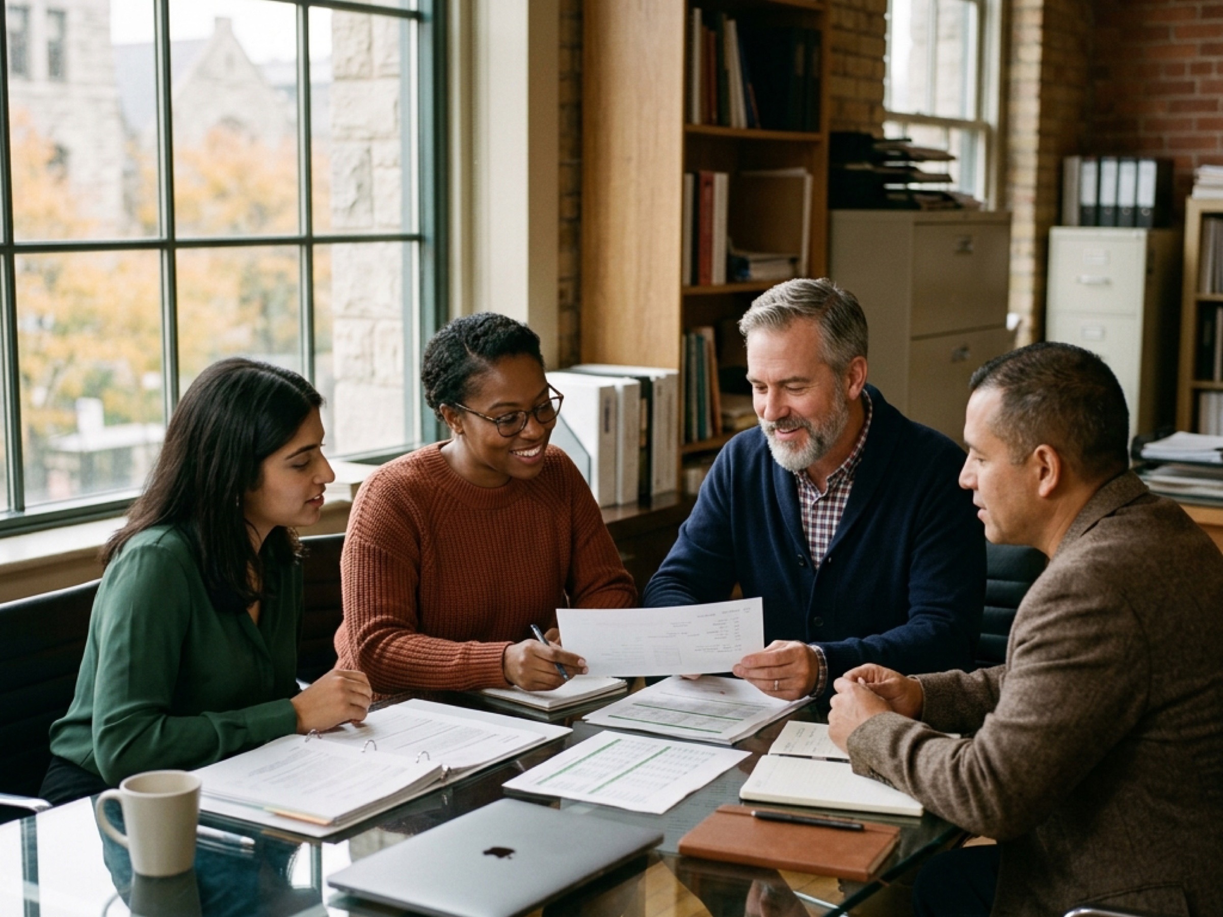 Accounting team reviewing deliverables together at a conference table