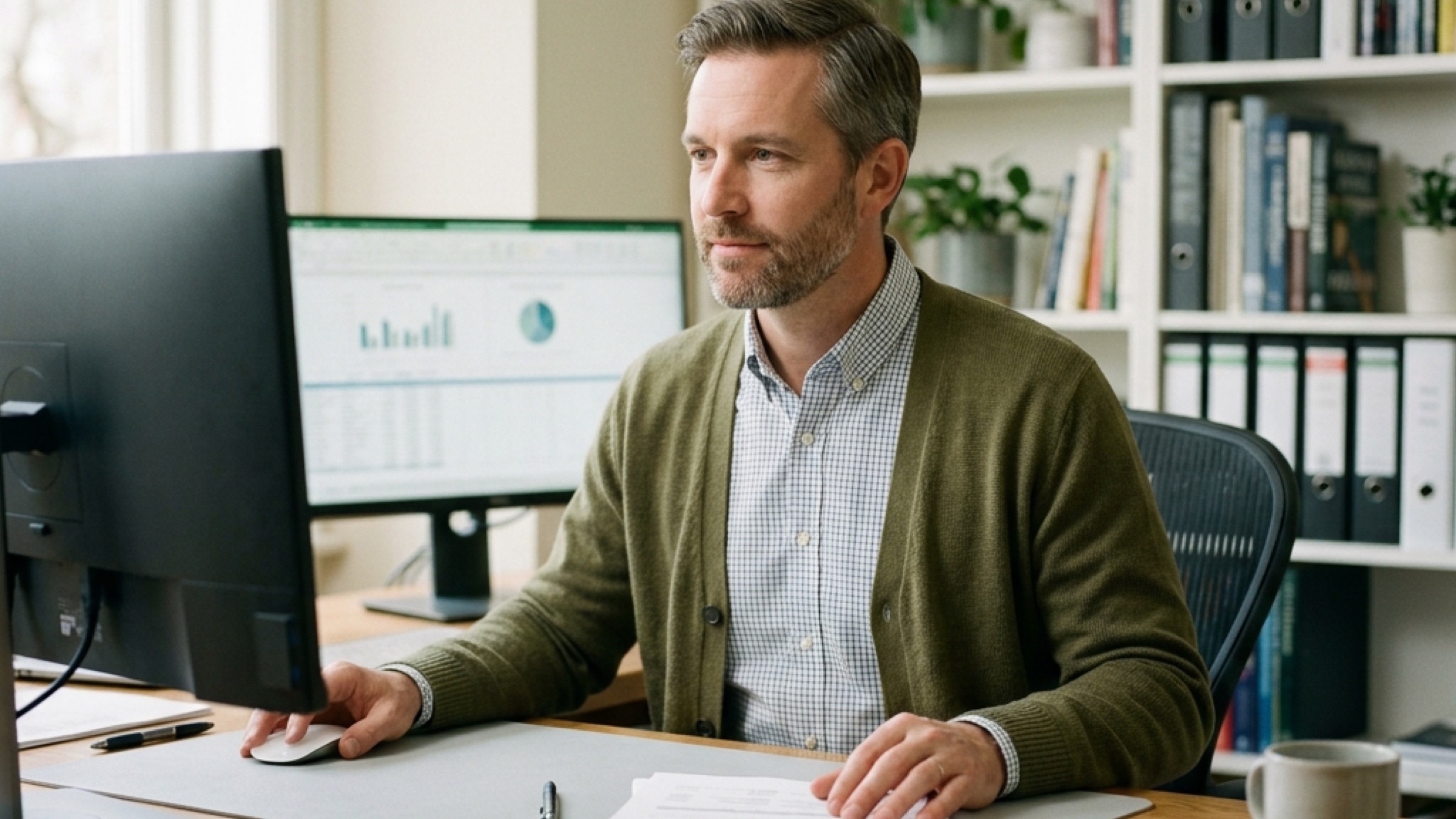 Accountant at a desk with dual monitors in a calm, well-lit office