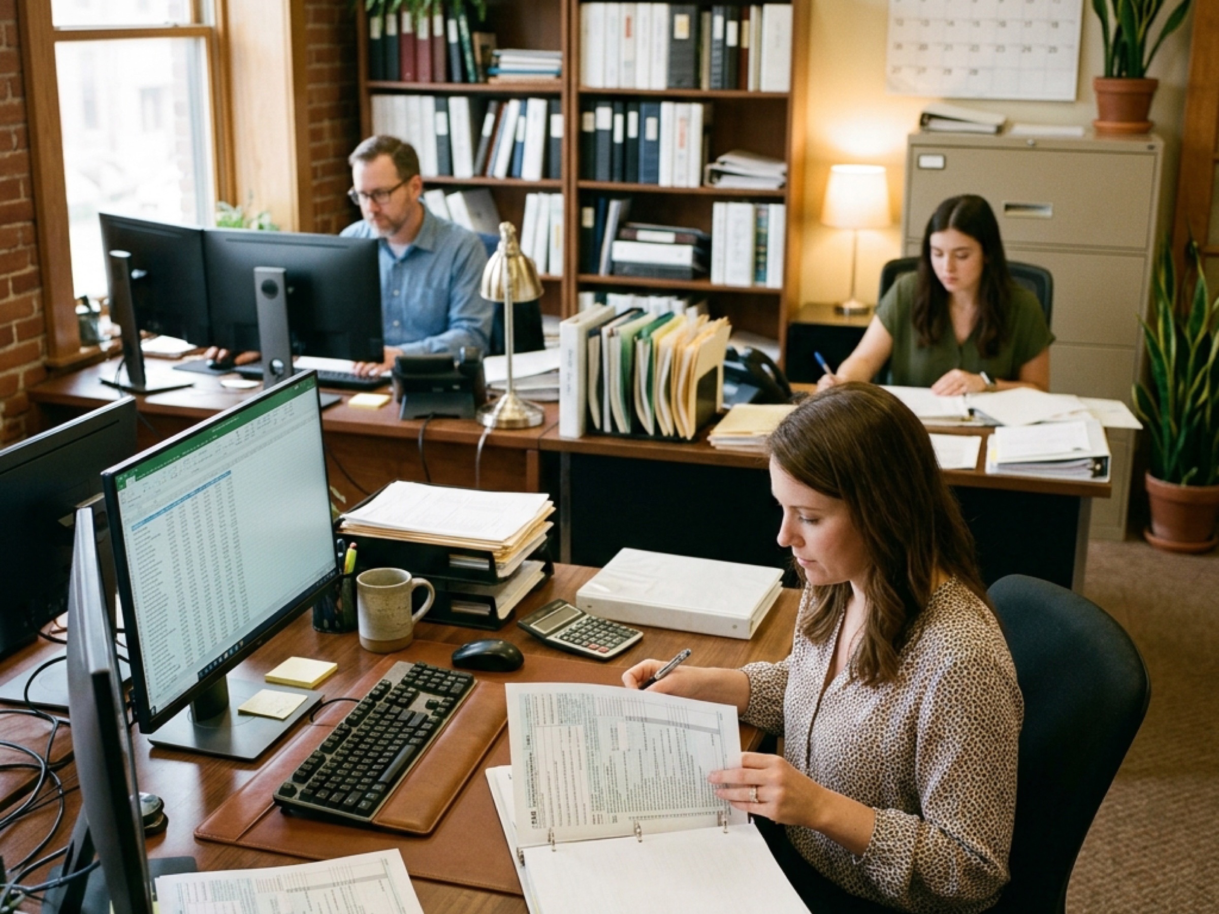 Wider view of a small accounting firm: preparers at workstations, file cabinets and bookshelves in the background, warm afternoon light