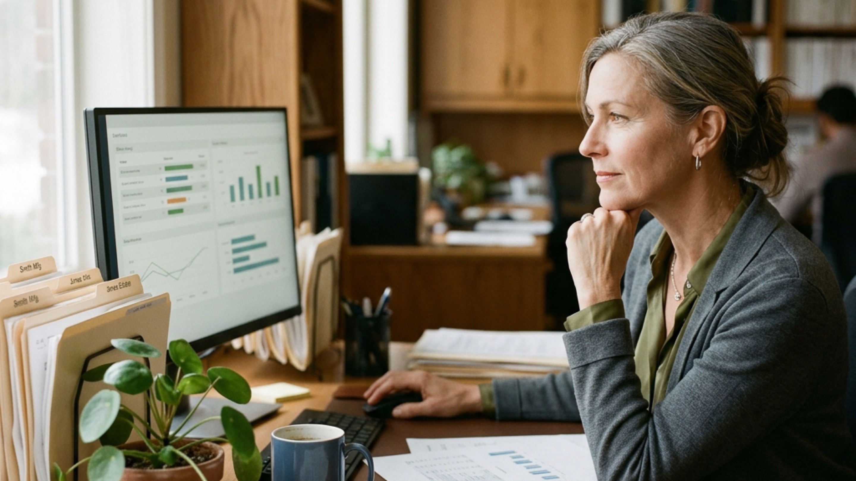 Accounting firm partner reviewing a backup status dashboard in a calm office