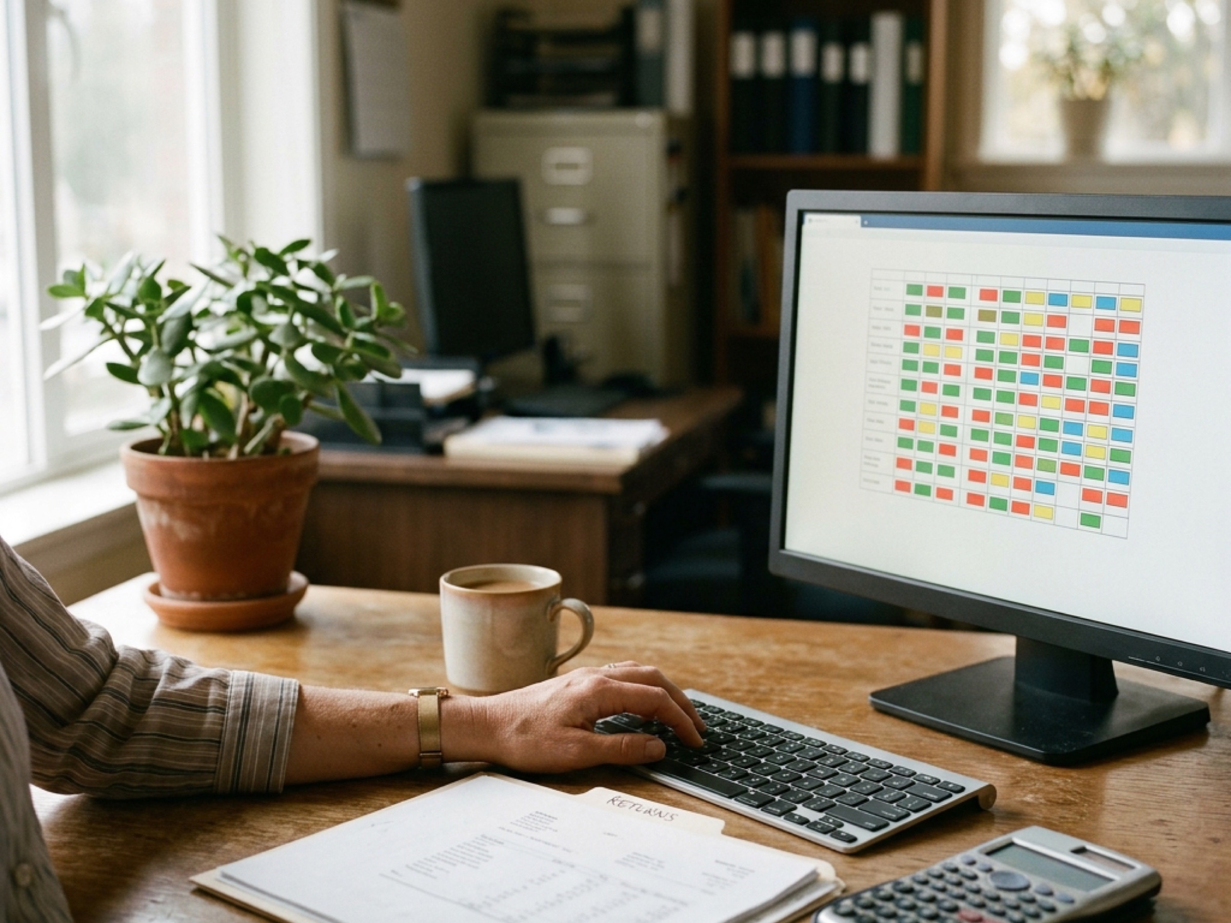 Quiet accounting office at morning: monitor shows a backup status dashboard, stack of labeled folders on the desk, soft daylight