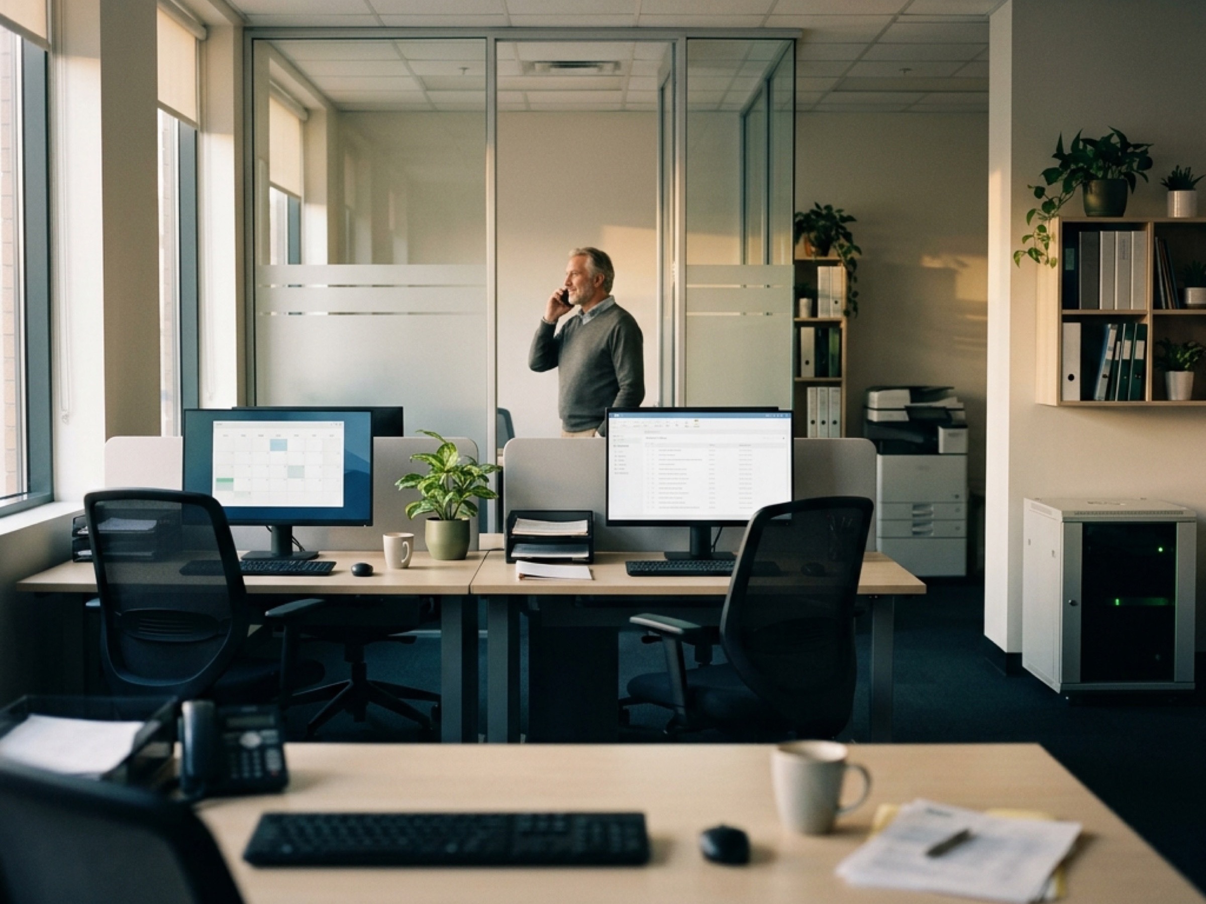 Wider view of a small accounting firm bullpen with two workstations in soft focus, late-afternoon daylight, and a small server cabinet visible in the background
