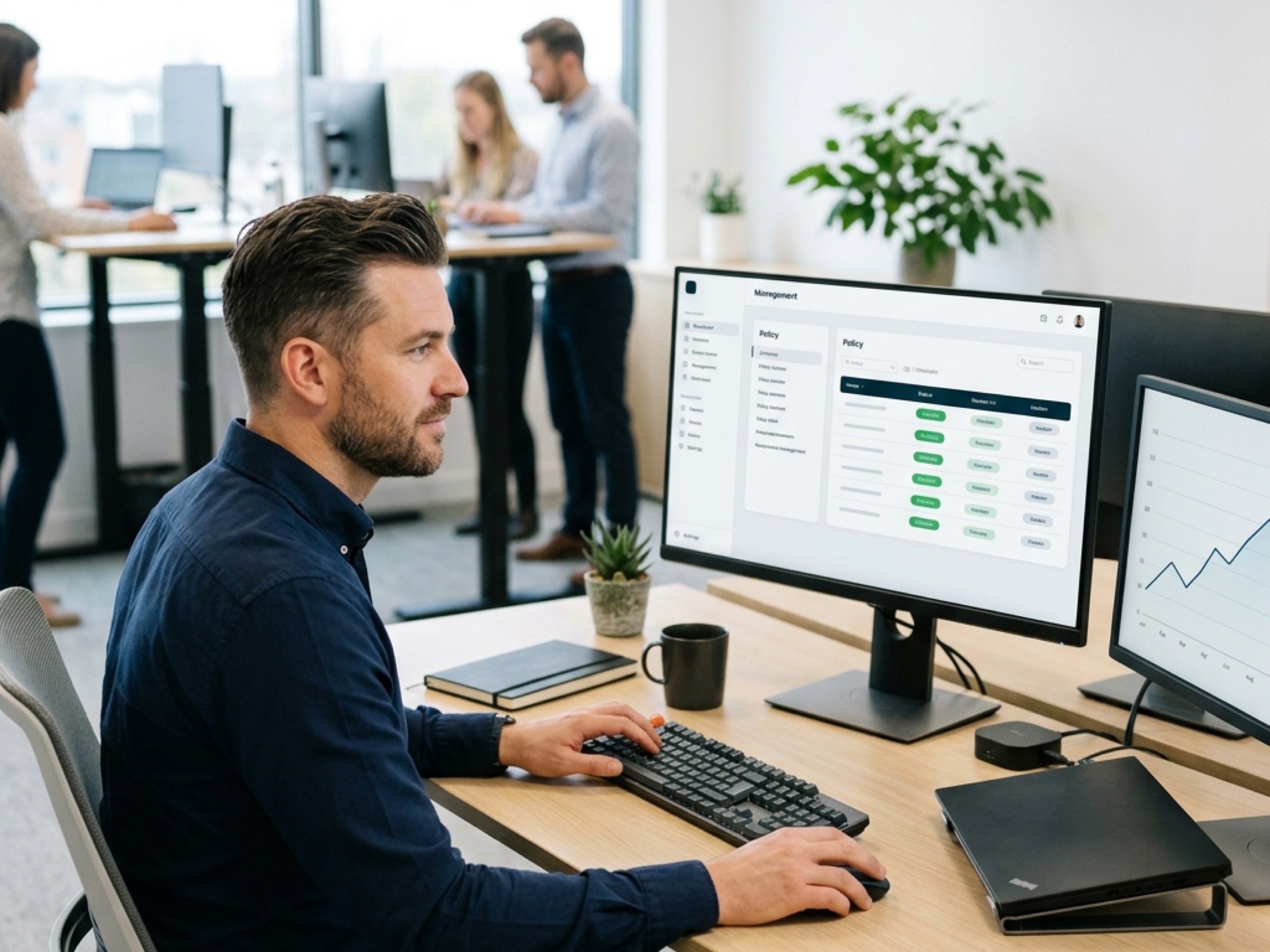 IT administrator reviewing a Microsoft 365 admin console with conditional access policies and sign-in audit logs visible on screen