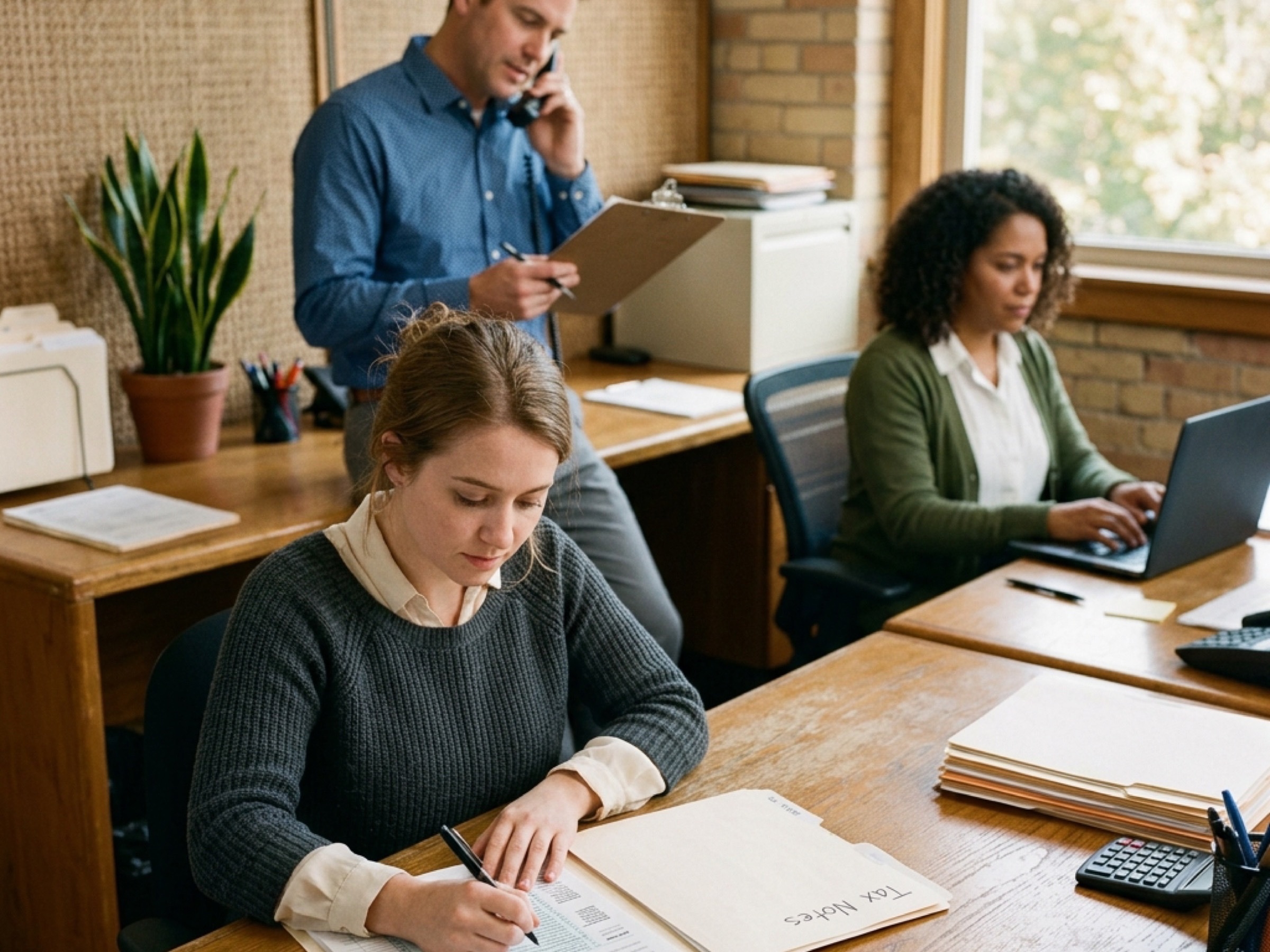 Wider view of a quiet home office: reading chair, wood floor in late afternoon light, small green plant on a side table