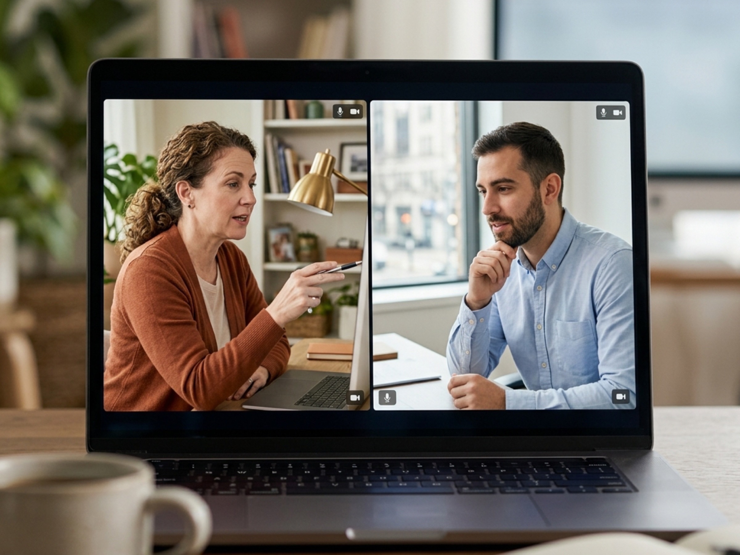 Calm home office at late afternoon: open laptop, coffee cup, reading glasses, small green plant on a wood desk