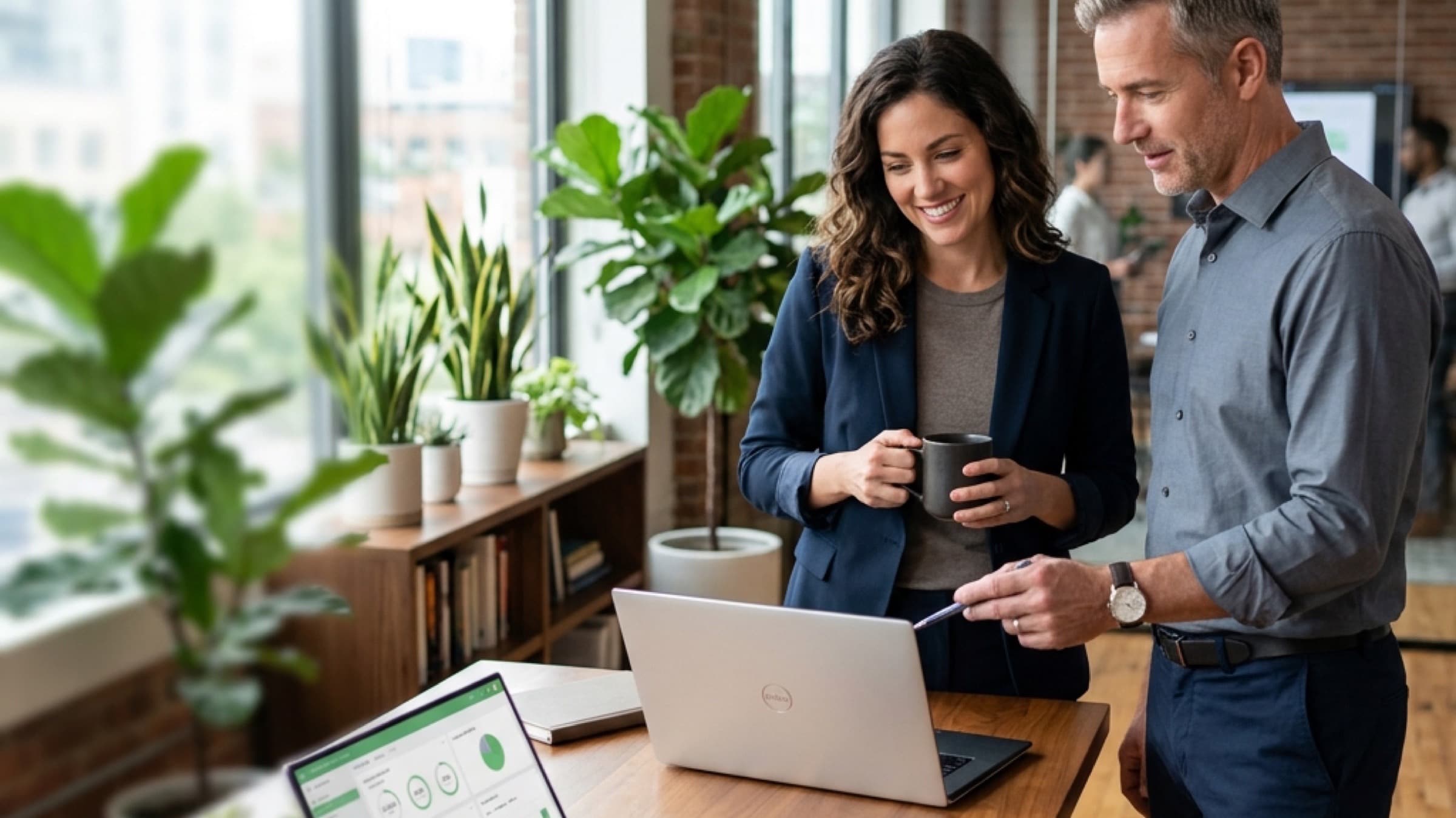 Two accounting firm professionals working side by side at a shared laptop