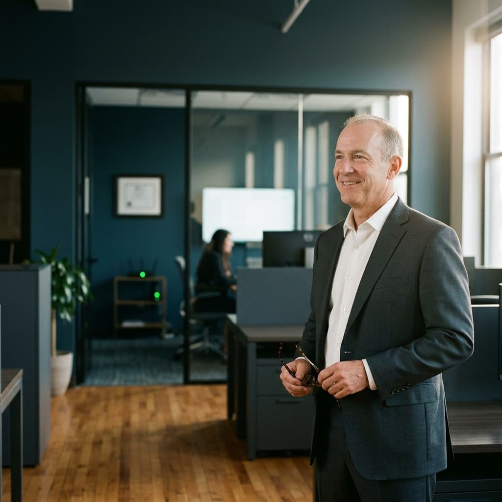 Tax firm managing partner standing confidently in secure office