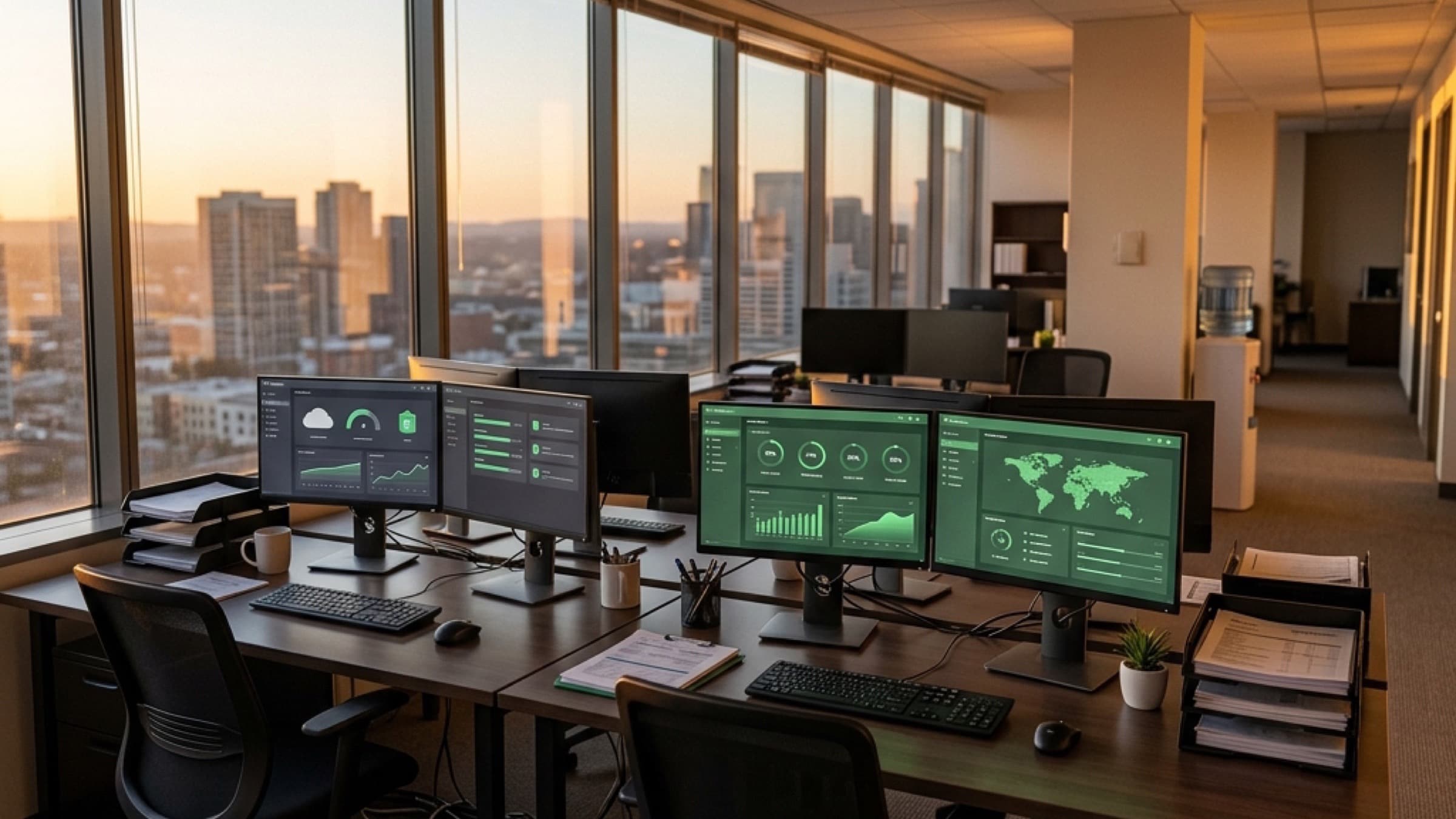 Calm tax-firm office during a planned cloud migration cutover at dusk