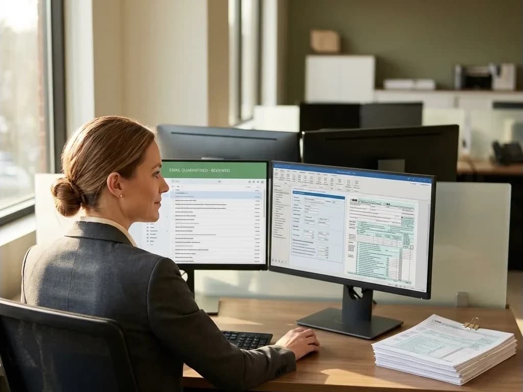 Single CPA at a quiet office workstation, monitor showing a flagged-email banner above a tax-season inbox