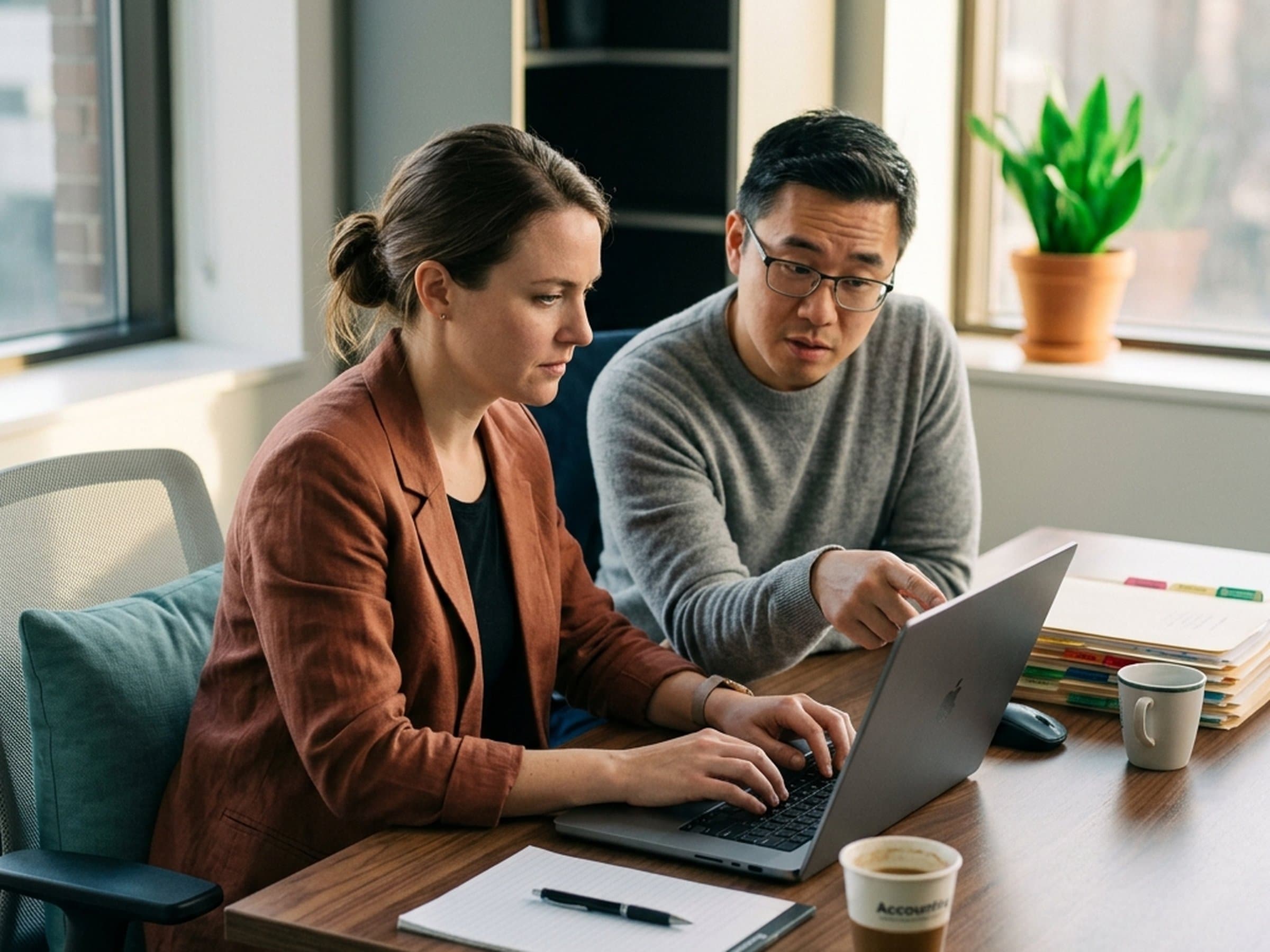 Tax professionals working together in a small firm office, late afternoon light