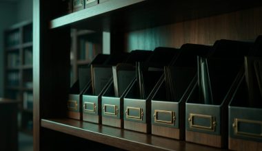 Row of unmarked filing organizers on a dark wooden CPA firm shelf