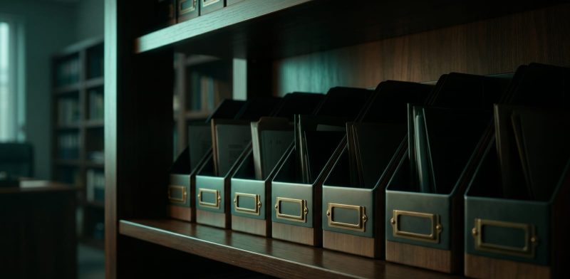 Row of unmarked filing organizers on a dark wooden CPA firm shelf