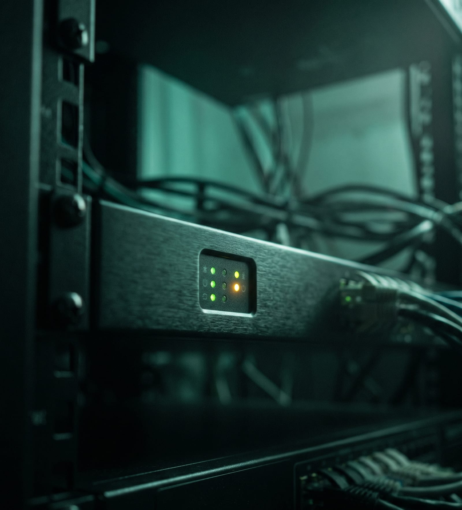 Server rack indicator panel with green and amber LEDs in a small office wiring closet
