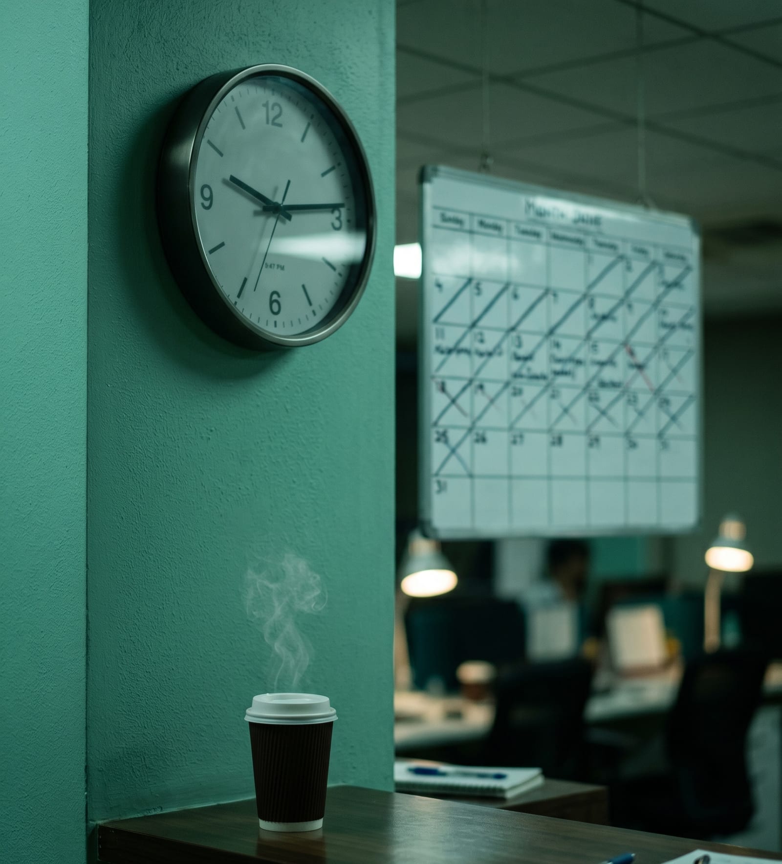 Office wall clock at late evening beside a paper coffee cup and a calendar