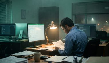 Late-night tax season scene inside a small CPA firm with monitors and paperwork