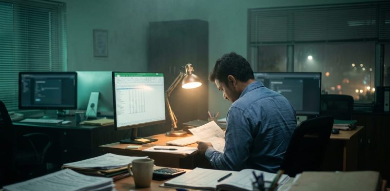 Late-night tax season scene inside a small CPA firm with monitors and paperwork