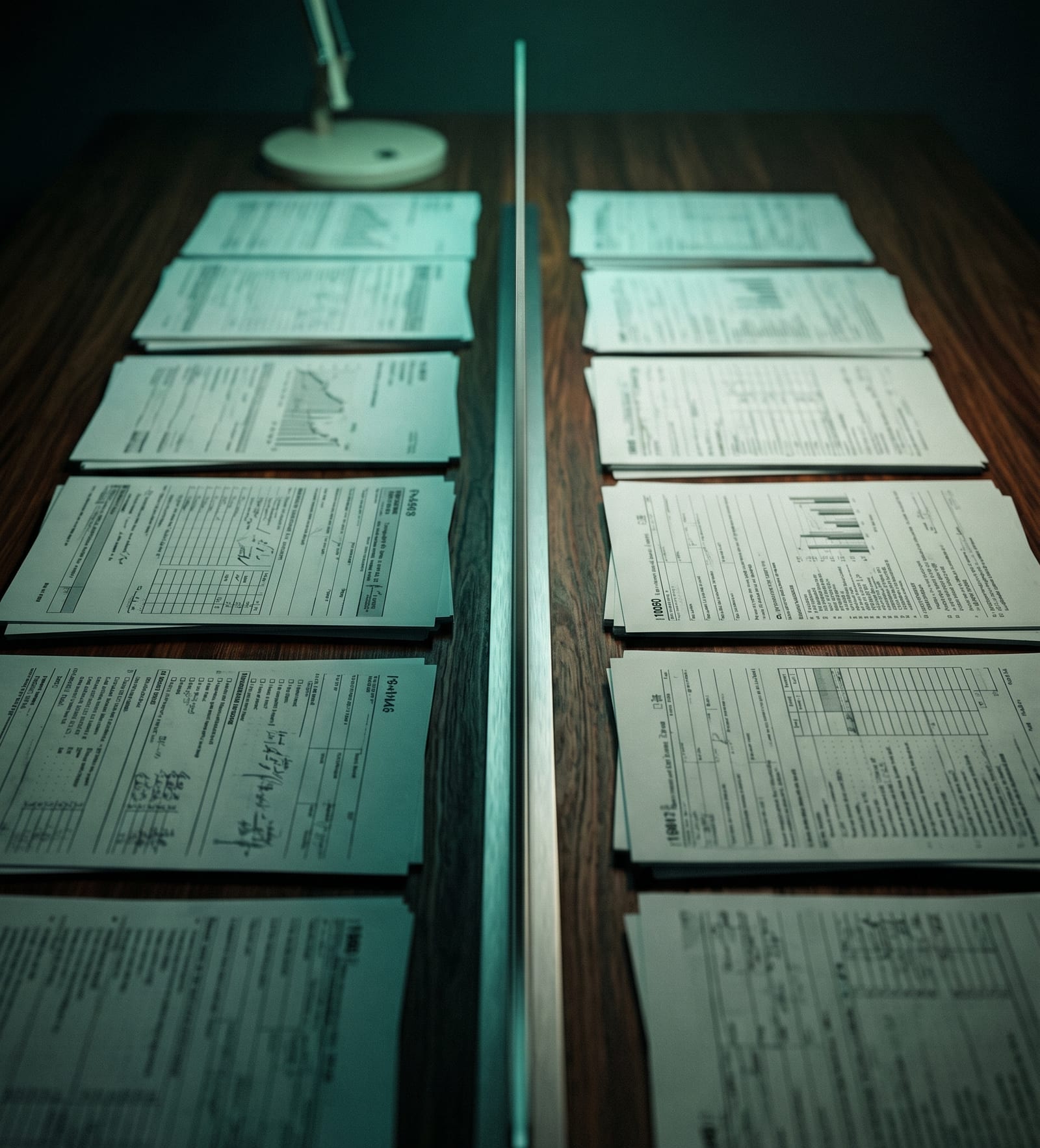 Two parallel rows of accountant paperwork divided by a metallic strip showing shared IT responsibility