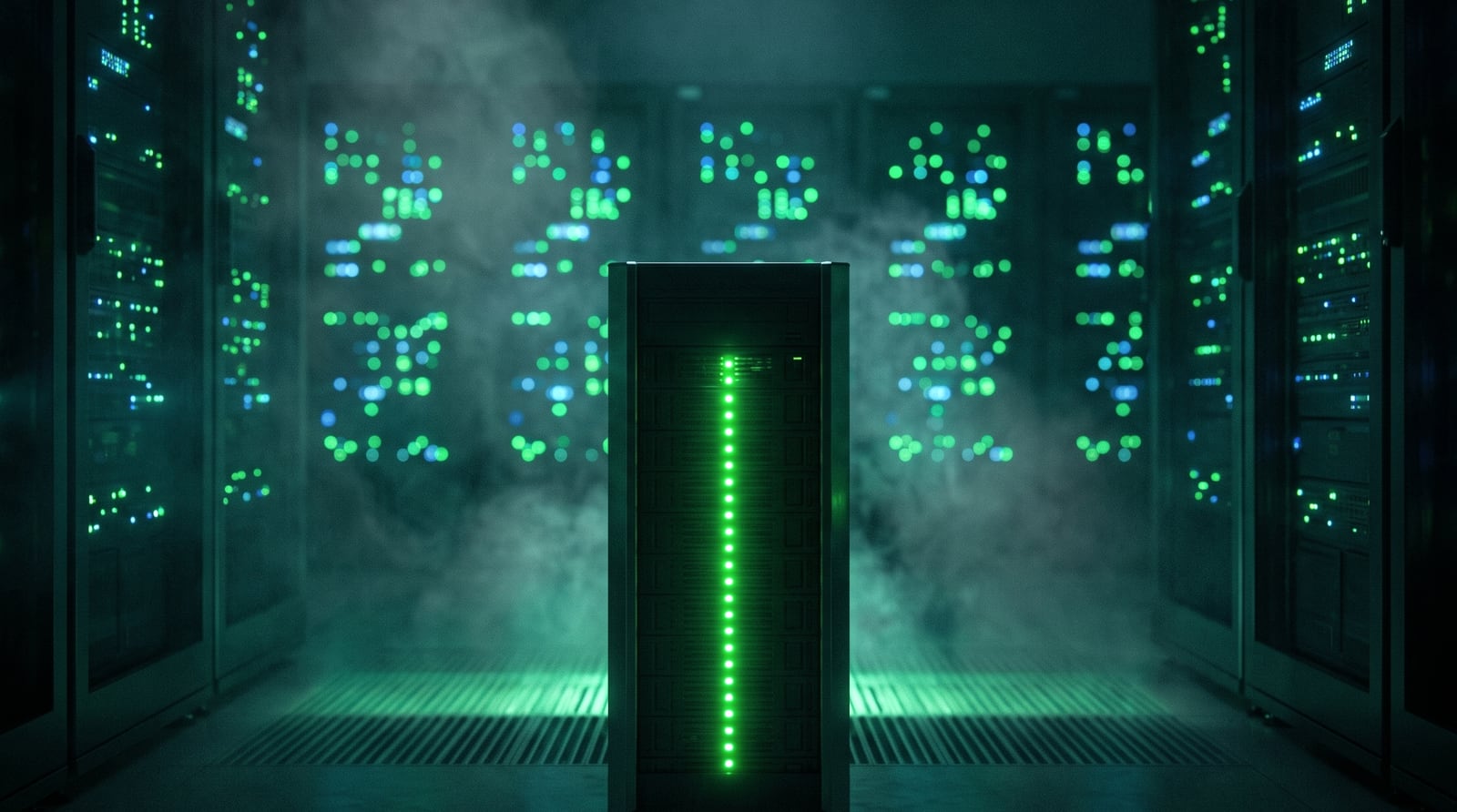 Dedicated single-tenant server in sharp focus with multi-tenant shared rack servers fading into bokeh behind it | Verito