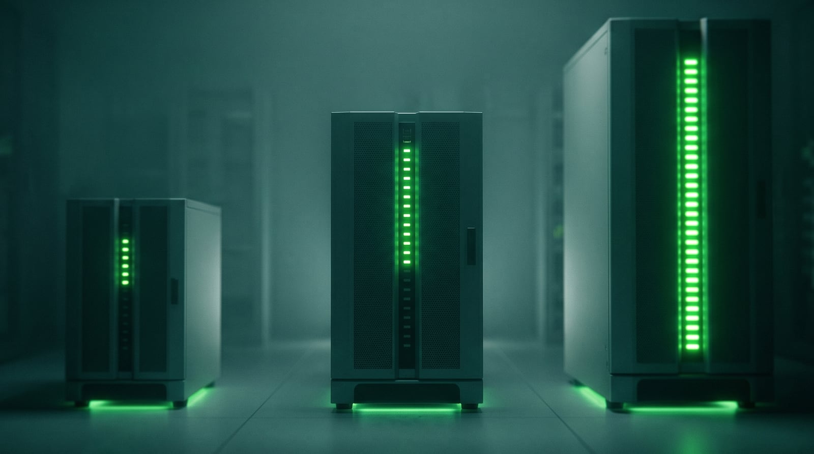 Three dedicated server units of ascending scale representing VeritSpace Essentials, Pro, and Elite hosting tiers | Verito