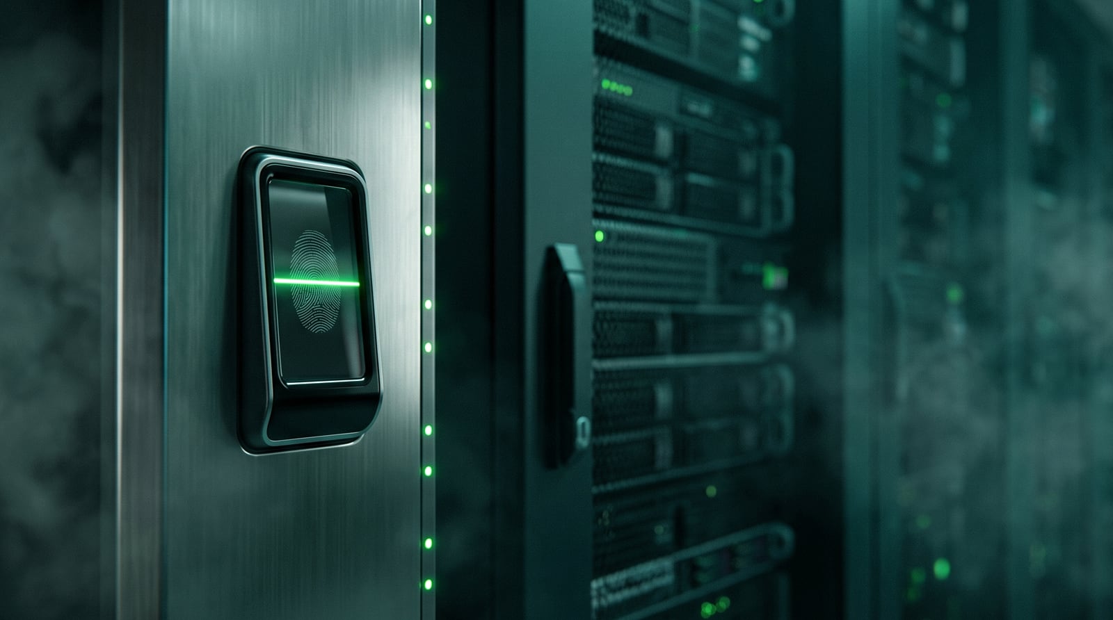 Biometric fingerprint scanner on a steel panel beside a server cabinet with a green scan line, representing AI vendor access control for CPA firms | Verito