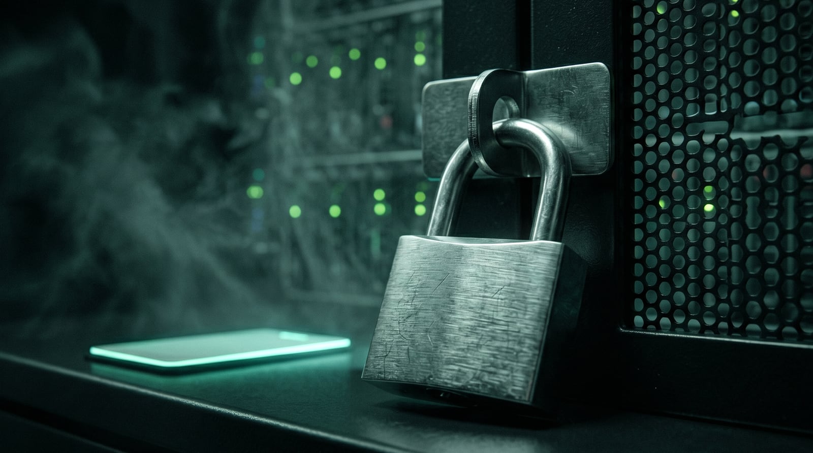 Brushed steel padlock on a server rack cage with a glowing green authentication token, representing MCP scoped permissions | Verito