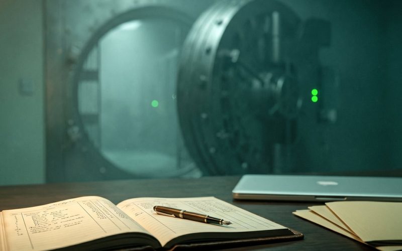 Bookkeeper desk and bank vault cinematic visual | Verito