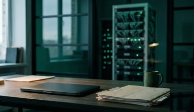 Cinematic teal-green photograph of a small CPA firm office at dawn, server rack faintly visible through a glass partition, file folders and a closed laptop on a wooden desk in foreground, deep shallow depth of field, fine film grain, no text or logos