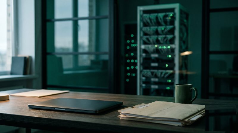 Cinematic teal-green photograph of a small CPA firm office at dawn, server rack faintly visible through a glass partition, file folders and a closed laptop on a wooden desk in foreground, deep shallow depth of field, fine film grain, no text or logos