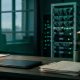 Cinematic teal-green photograph of a small CPA firm office at dawn, server rack faintly visible through a glass partition, file folders and a closed laptop on a wooden desk in foreground, deep shallow depth of field, fine film grain, no text or logos