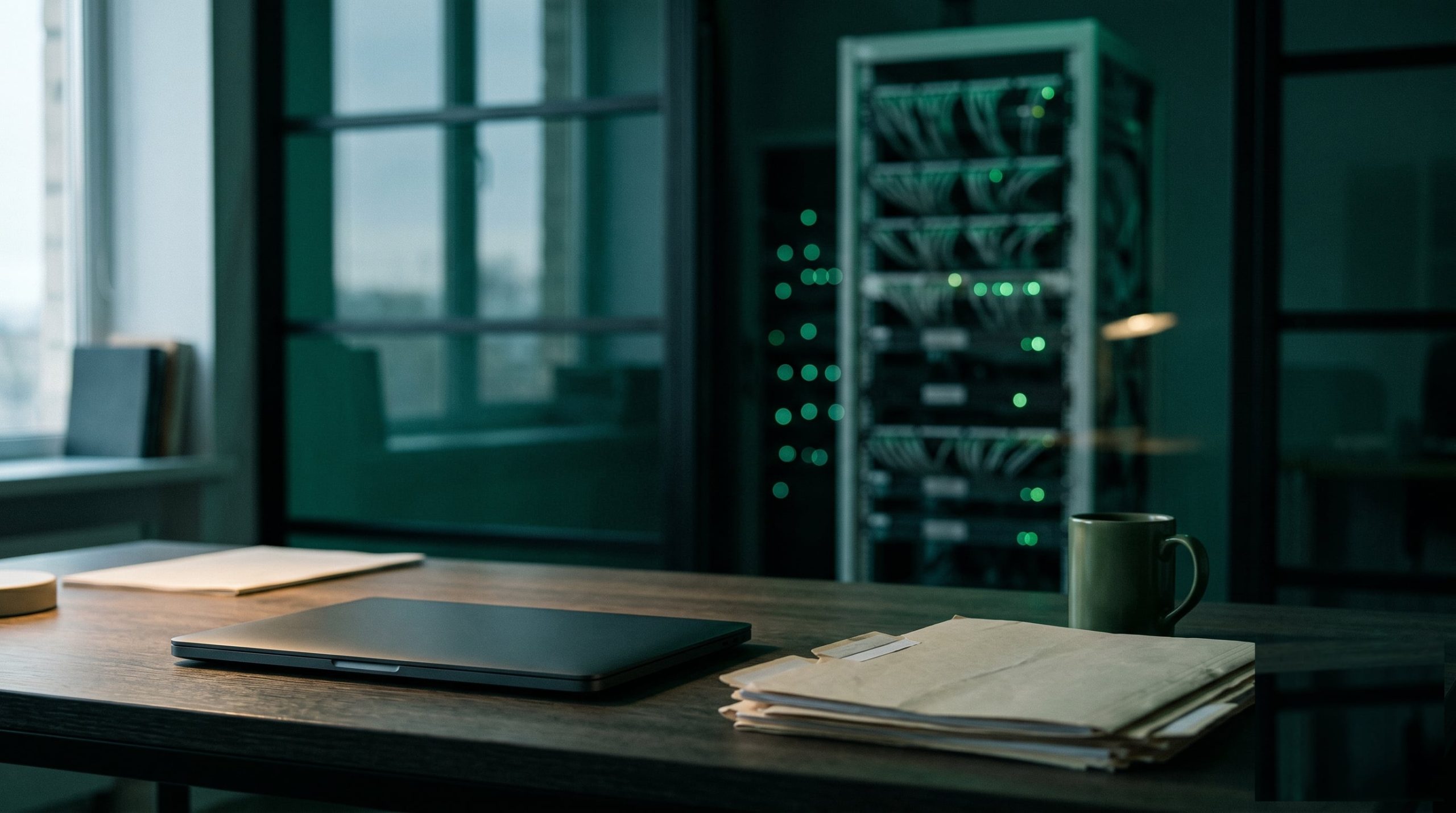 Cinematic teal-green photograph of a small CPA firm office at dawn, server rack faintly visible through a glass partition, file folders and a closed laptop on a wooden desk in foreground, deep shallow depth of field, fine film grain, no text or logos