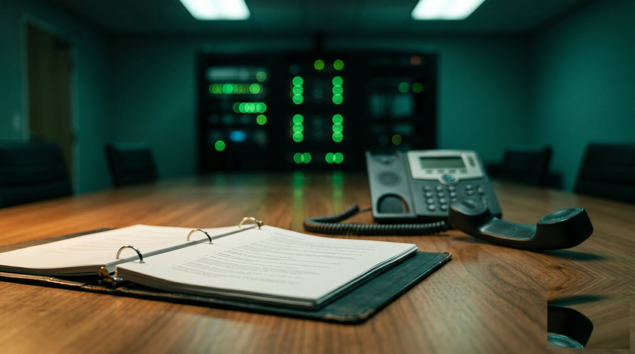 Cinematic teal-green photograph of a printed incident response plan binder open on a conference table next to a phone, soft overhead lighting, shallow depth of field, fine film grain, no text or logos