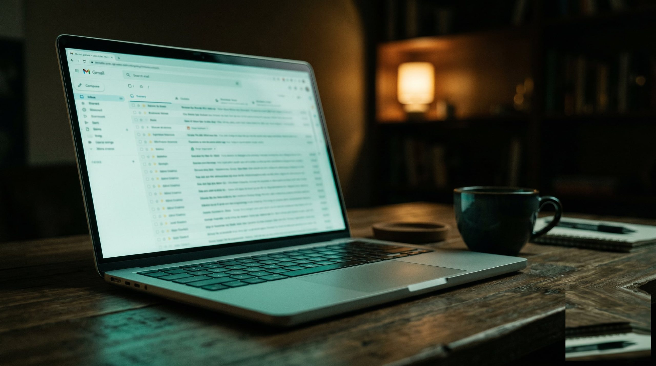 Cinematic teal-green photograph of a laptop screen showing a faintly readable suspicious email at dusk, a cup of coffee gone cold beside it, shallow depth of field, fine film grain, no text or logos