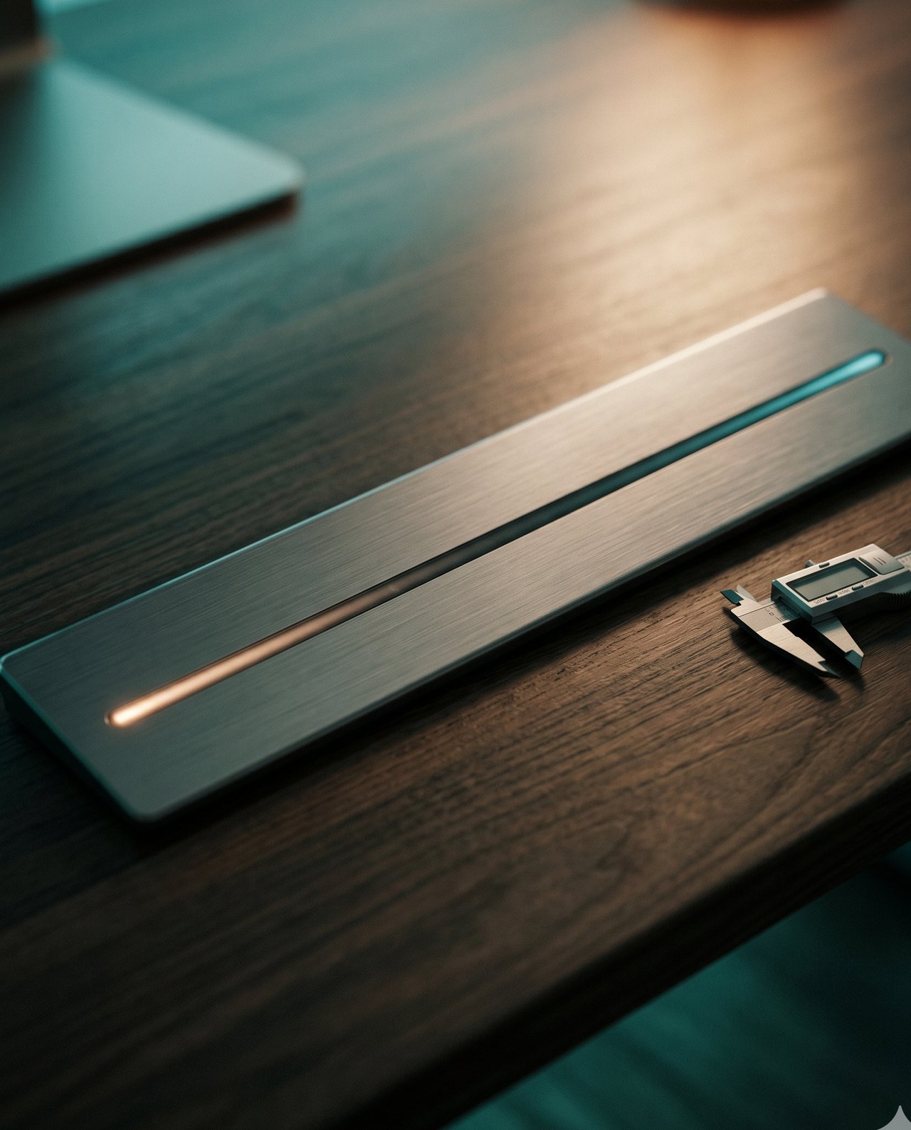 Brushed-steel control surface with illuminated progress strip, amber and teal timing indicators