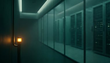 Enterprise security operations corridor at twilight, server racks behind glass, single warm amber indicator in foreground