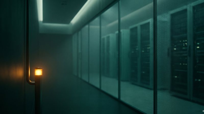 Enterprise security operations corridor at twilight, server racks behind glass, single warm amber indicator in foreground