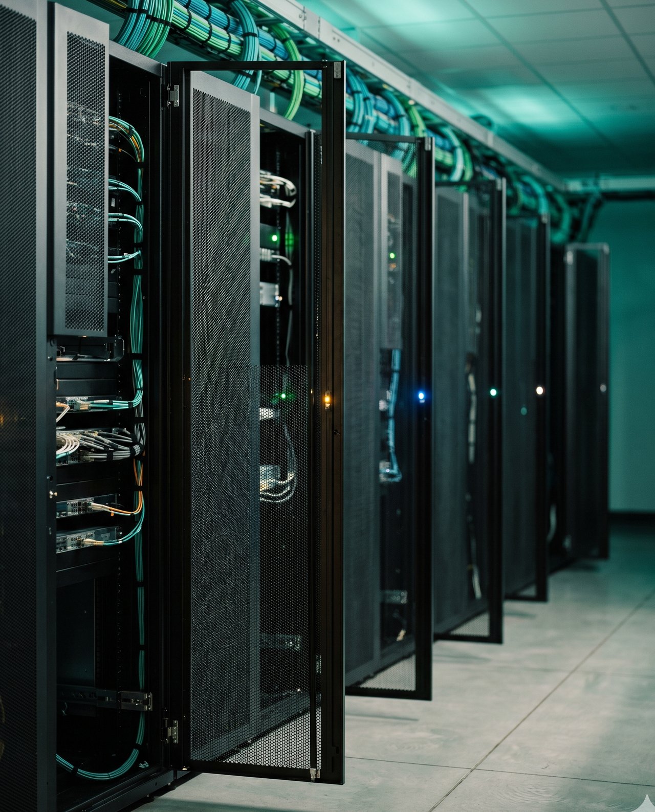 Five aligned data-center racks with progressive status LEDs, fiber cabling along the top rail