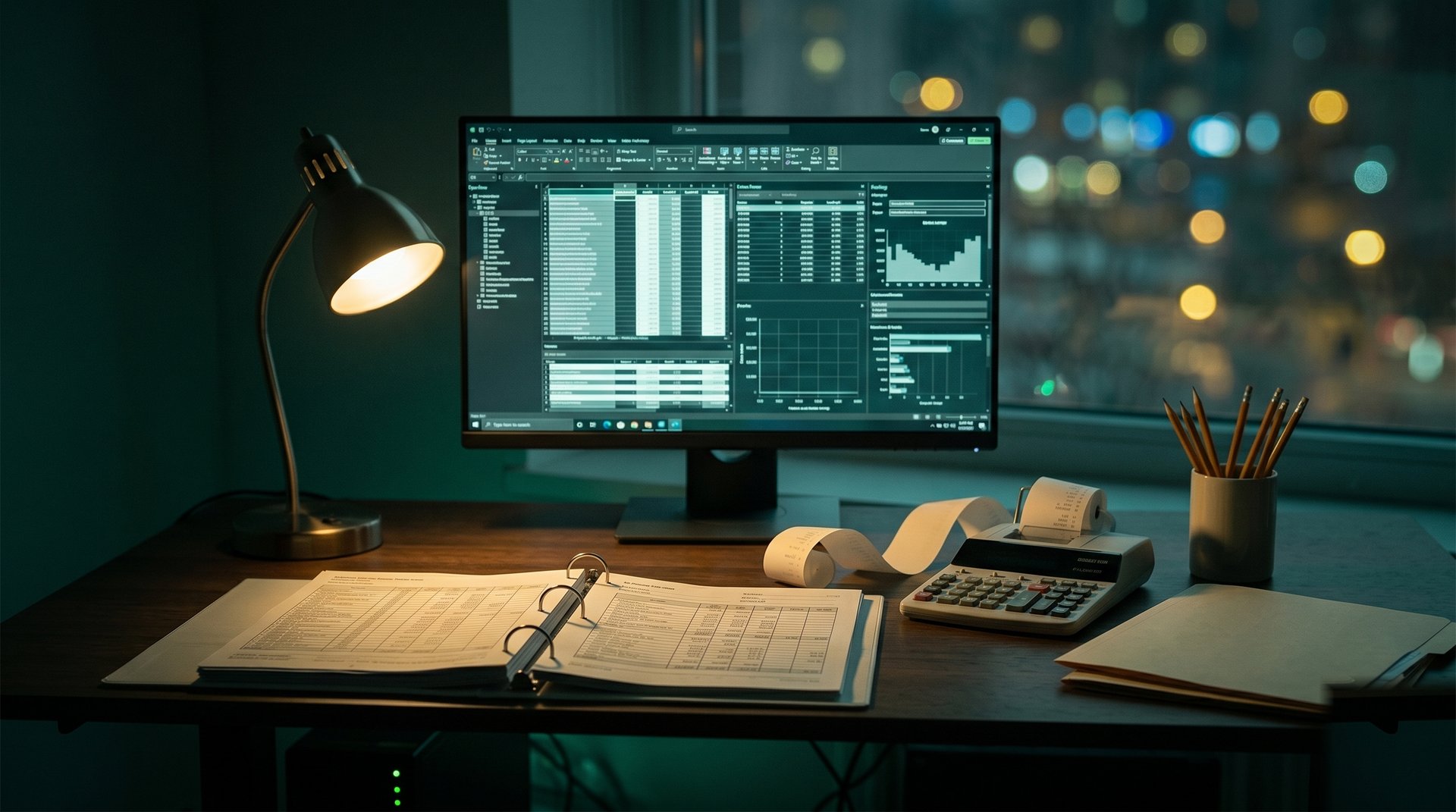 QuickBooks Desktop CPA workstation deep ledger work cinematic visual | Verito