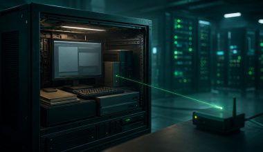 Full desktop workspace hosted inside a data center server cinematic visual | Verito