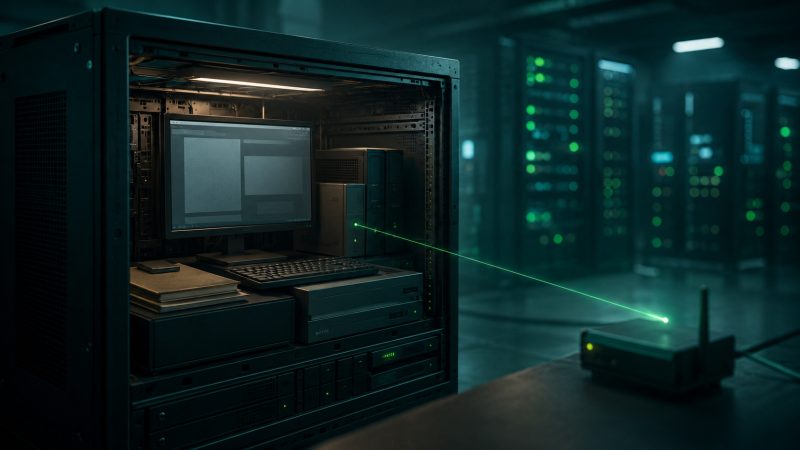 Full desktop workspace hosted inside a data center server cinematic visual | Verito