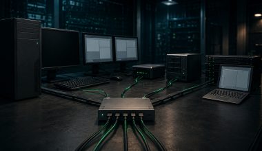 Five remote access methods converging at a central comparison hub cinematic visual | Verito