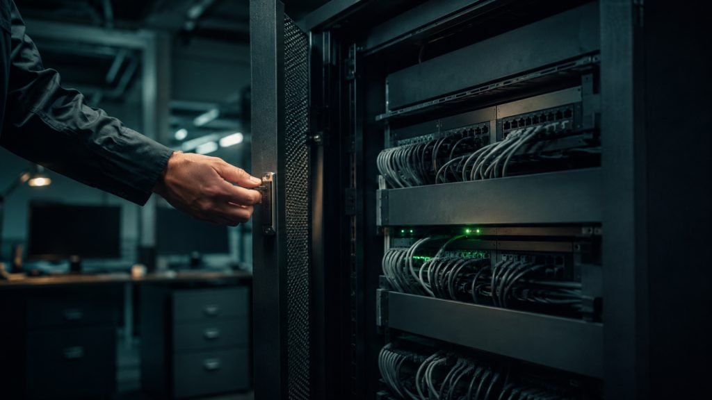Security coordinator evaluating firm safeguards cinematic visual | Verito