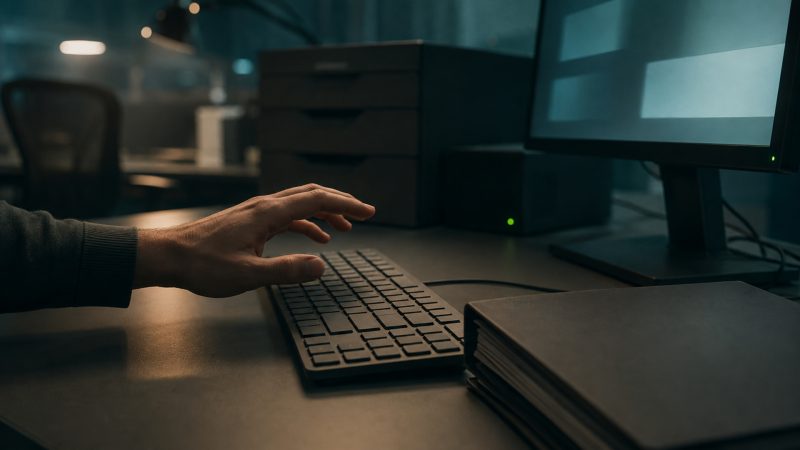 Client data beside an unapproved AI workspace cinematic visual | Verito