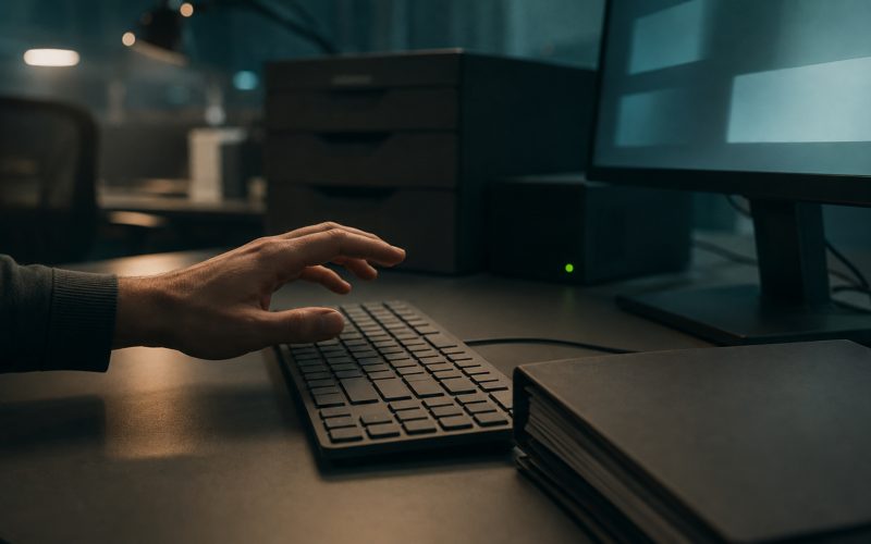 Client data beside an unapproved AI workspace cinematic visual | Verito